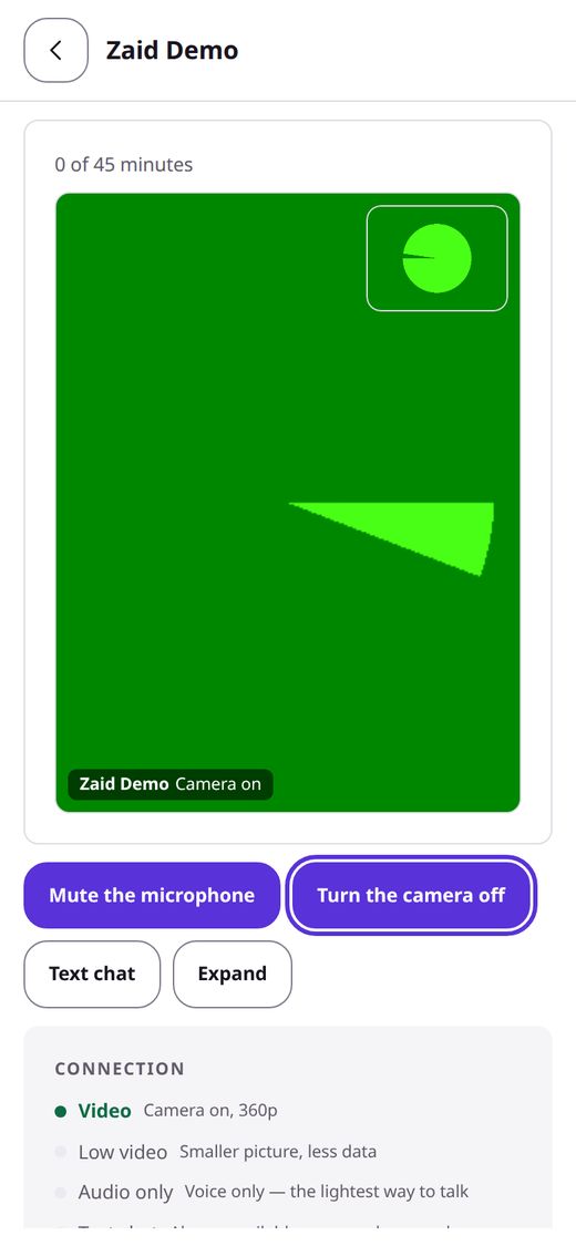 Phone screen: the lesson room, a live video call with the teacher, with buttons to mute the microphone and turn the camera off.